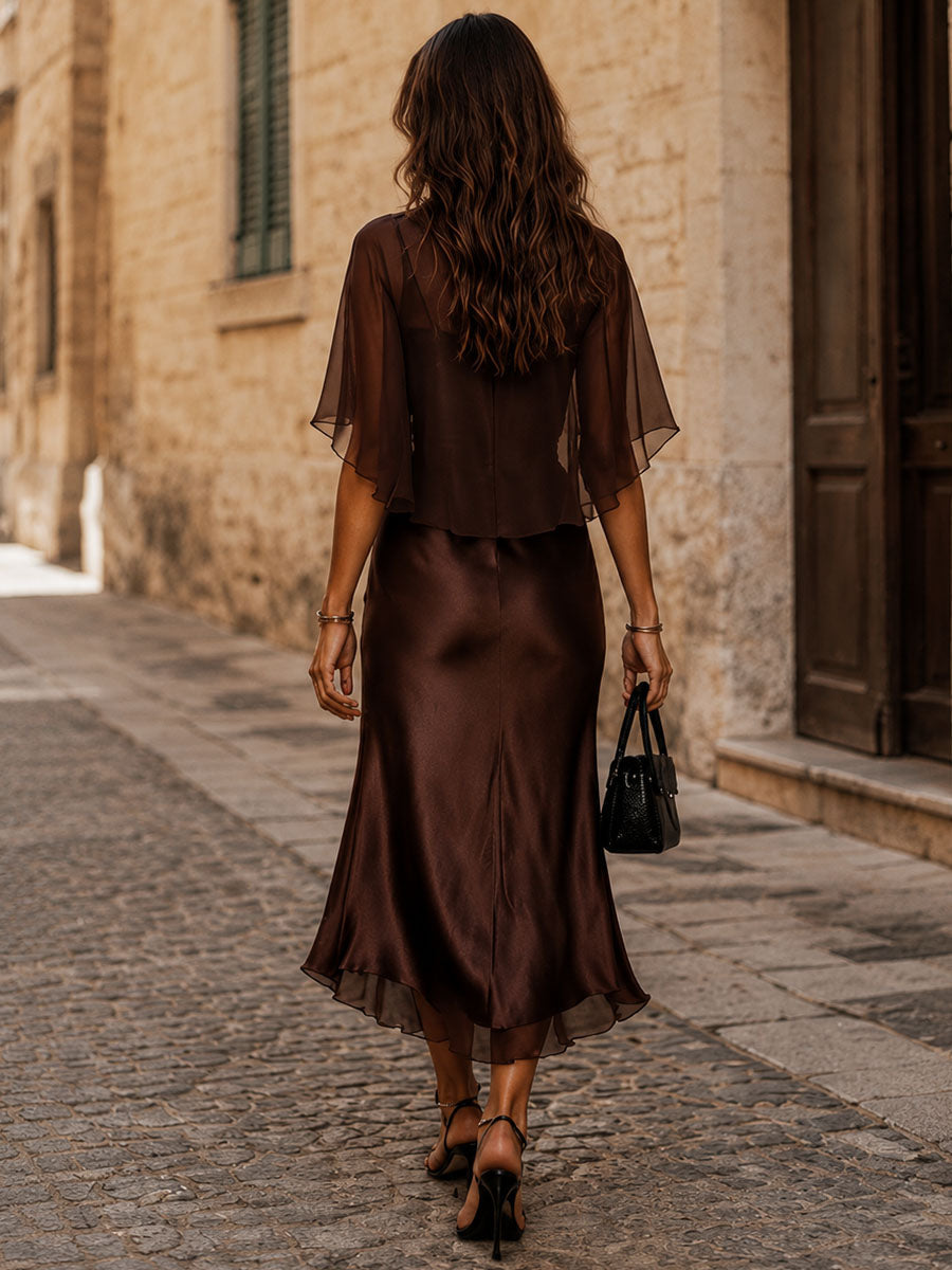 Alessandra - Vestido Midi Satinado de Dos Piezas