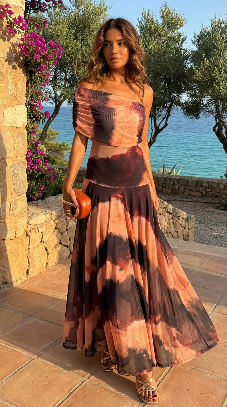 Fiorella – Vestido Largo Estampado Naranja y Marrón
