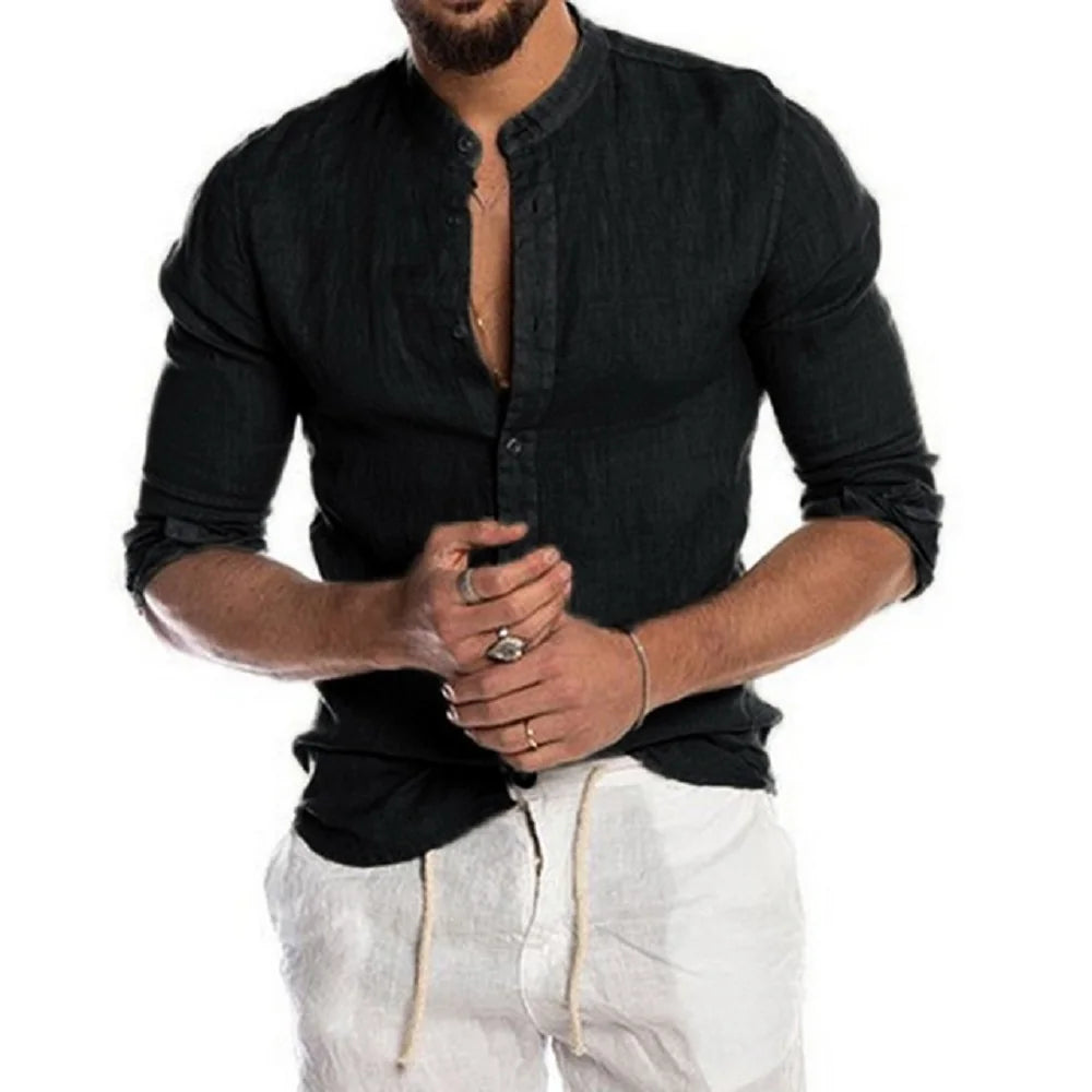 Mateo - Camisa de Lino Manga Larga con Cuello Mao