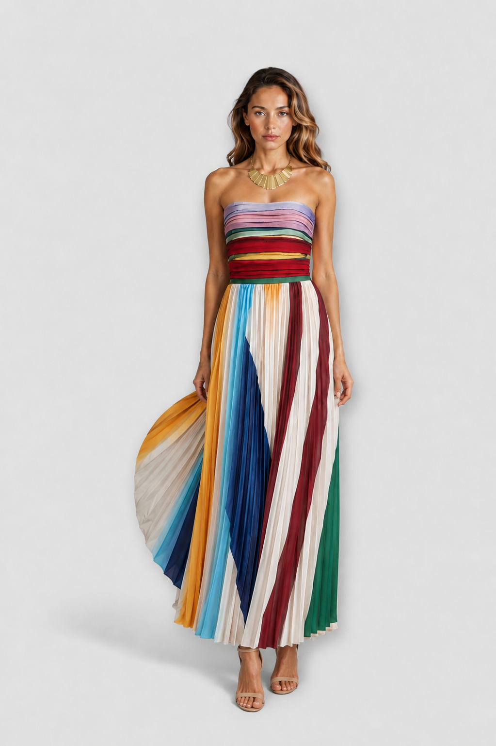 Fernanda – Vestido Largo Plisado Multicolor Palabra de Honor