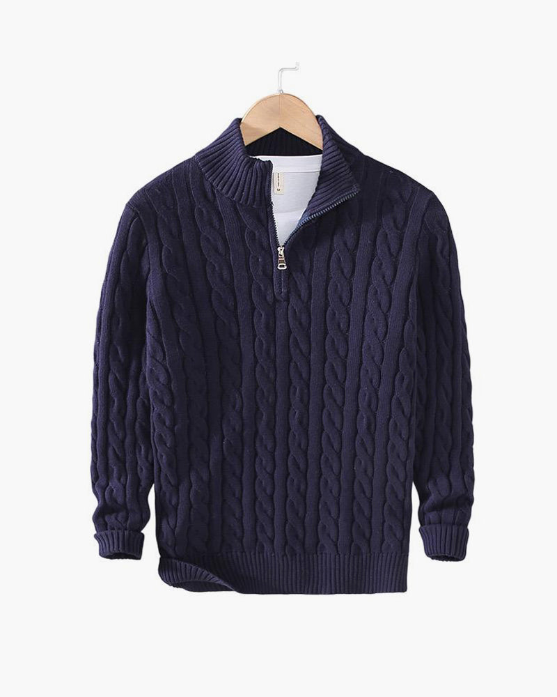 Chompa de punto trenzado con medio cierre azul marino
