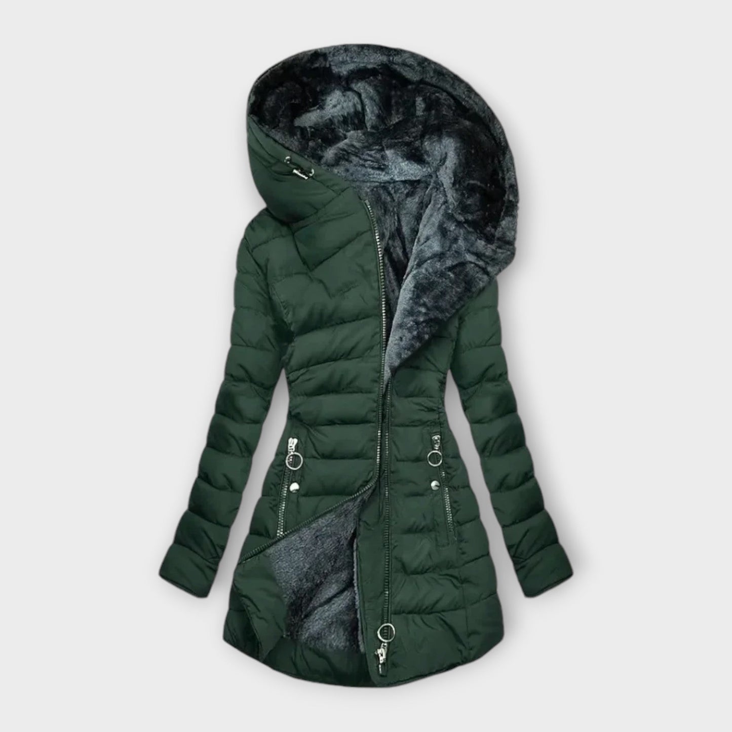 Abrigo de invierno acolchado con capucha de pelo - Verde Oscuro