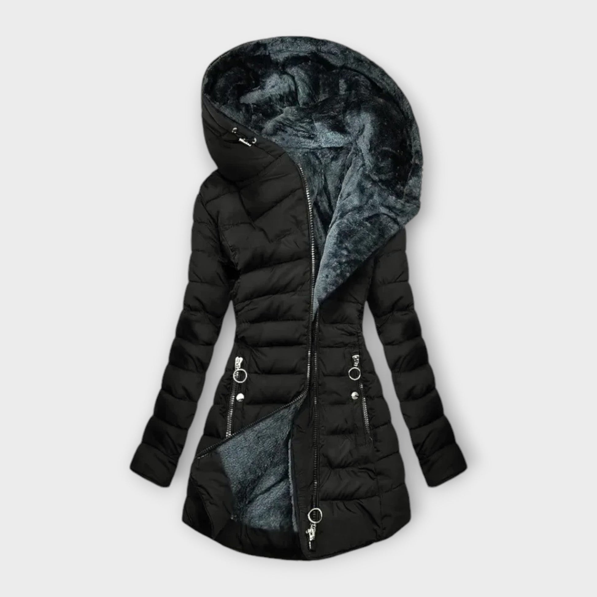 Abrigo de invierno acolchado con capucha de pelo - Negro
