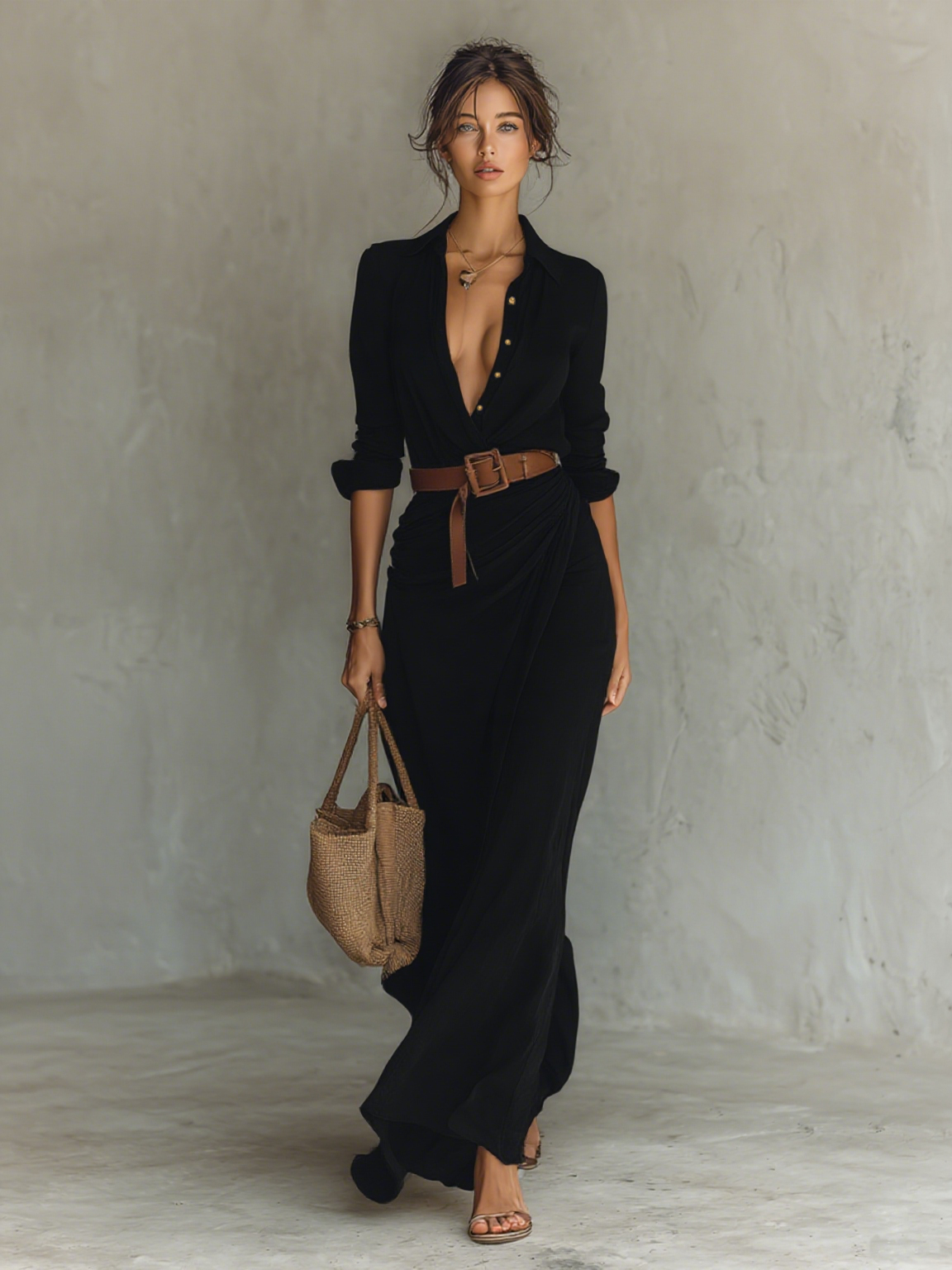 Vestido Largo con Solapa y Cinturon Negro