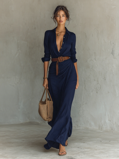 Vestido Largo con Solapa y Cinturon Azul Marino