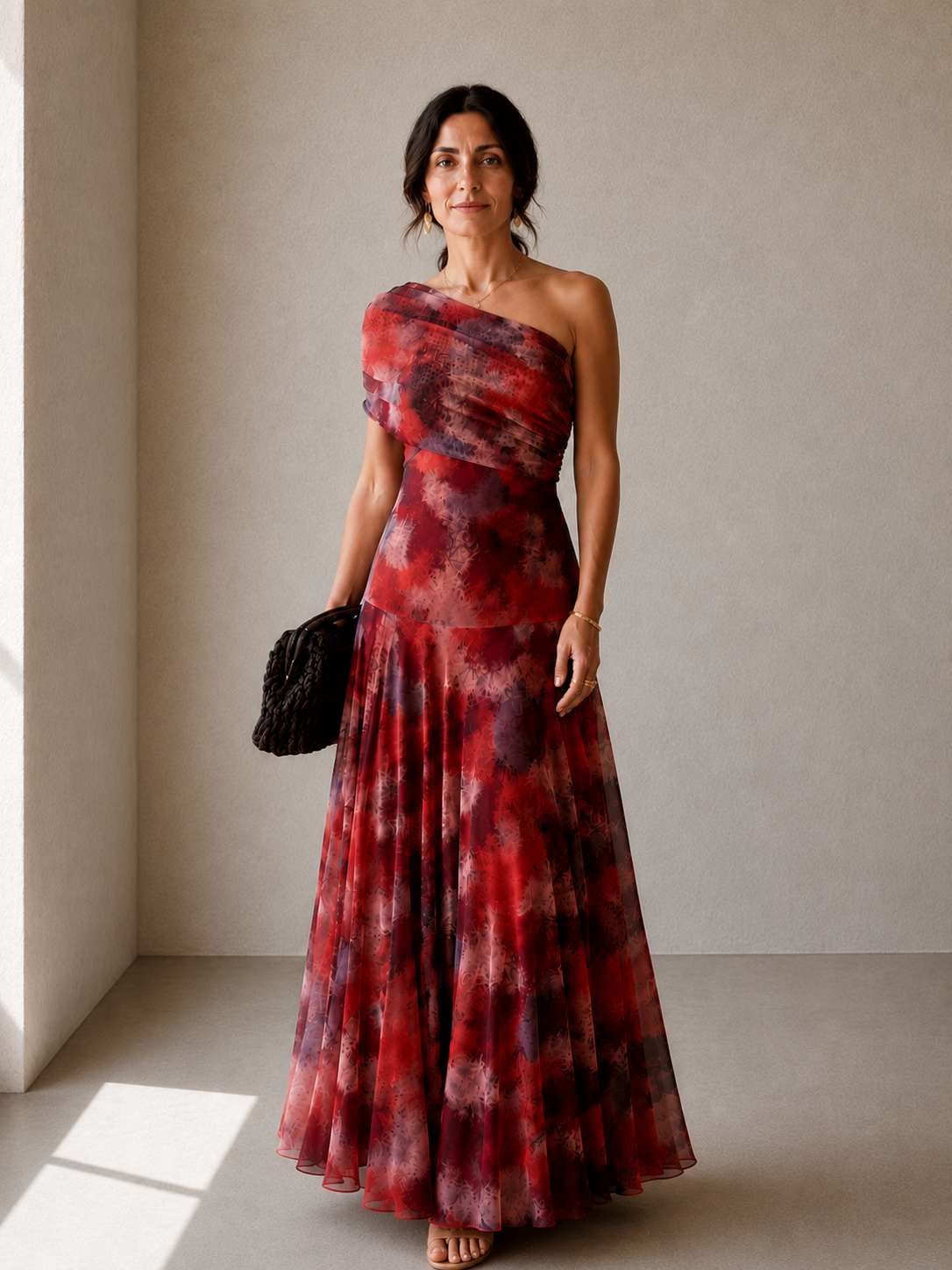Valeria – Vestido Largo con Hombro Caído y Estampado Acuarela