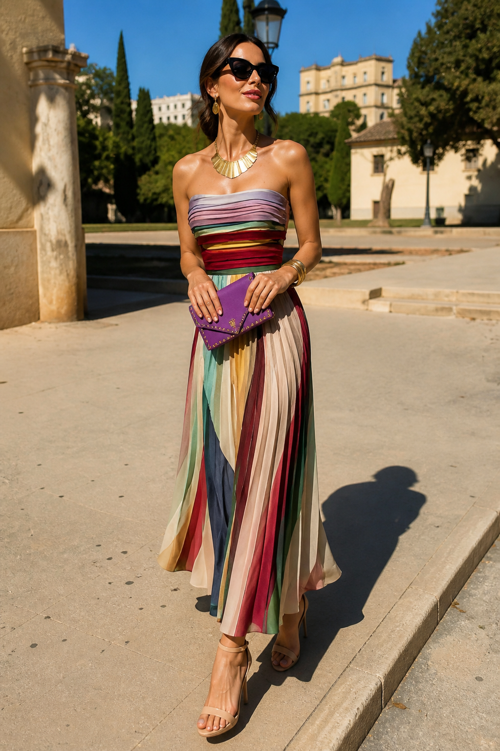 Fernanda – Vestido Largo Plisado Multicolor Palabra de Honor