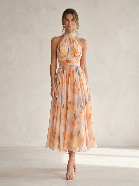Diana – Vestido de Cuello Halter con Estampado Acuarela
