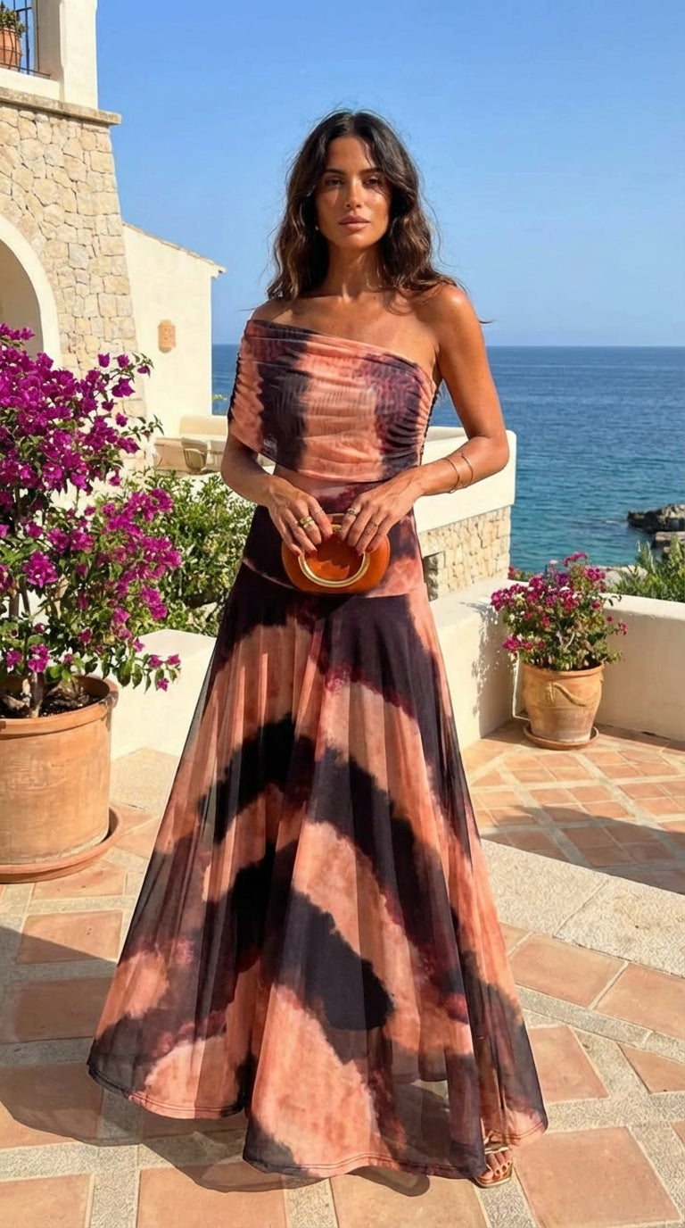 Fiorella – Vestido Largo Estampado Naranja y Marrón