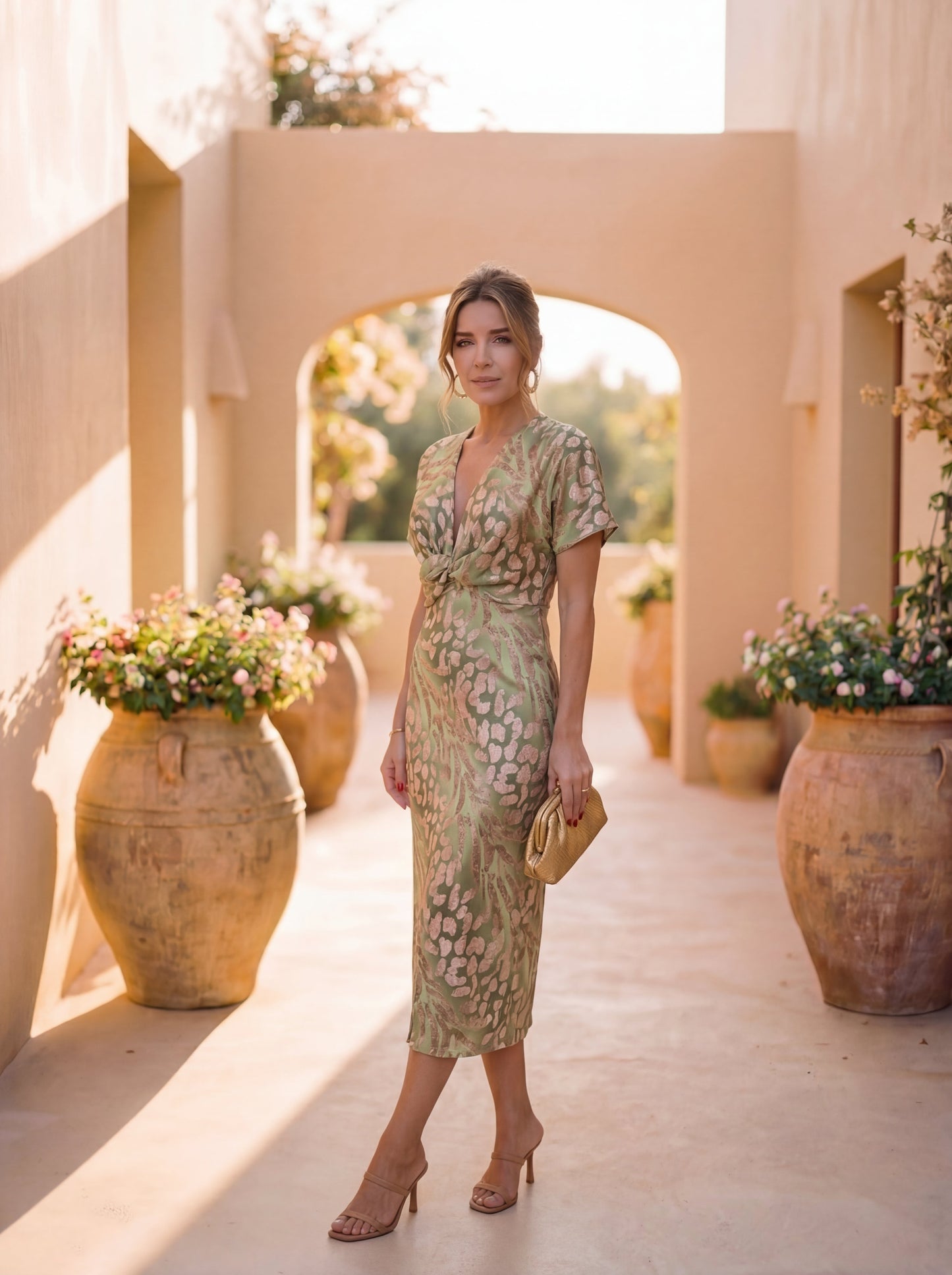 Lucía – Vestido Midi con Nudo Central y Caída Fluida