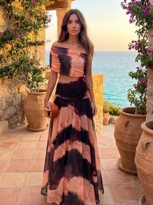 Fiorella – Vestido Largo Estampado Naranja y Marrón