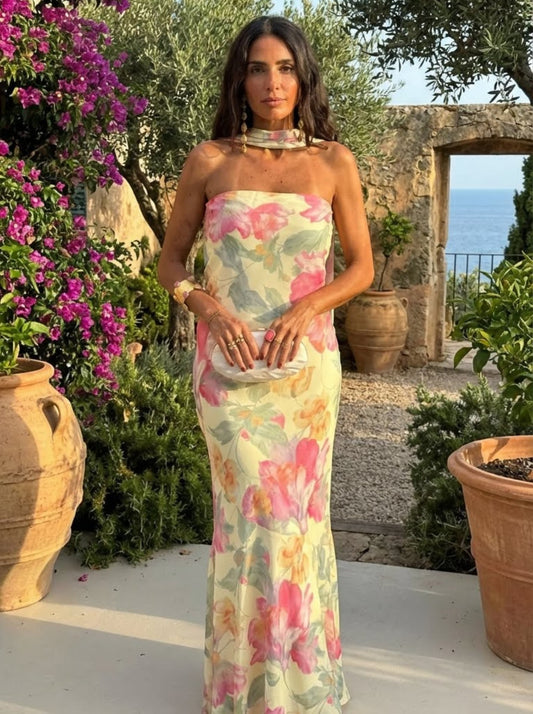 Pilar – Vestido Largo Strapless con Estampado Floral Acuarela