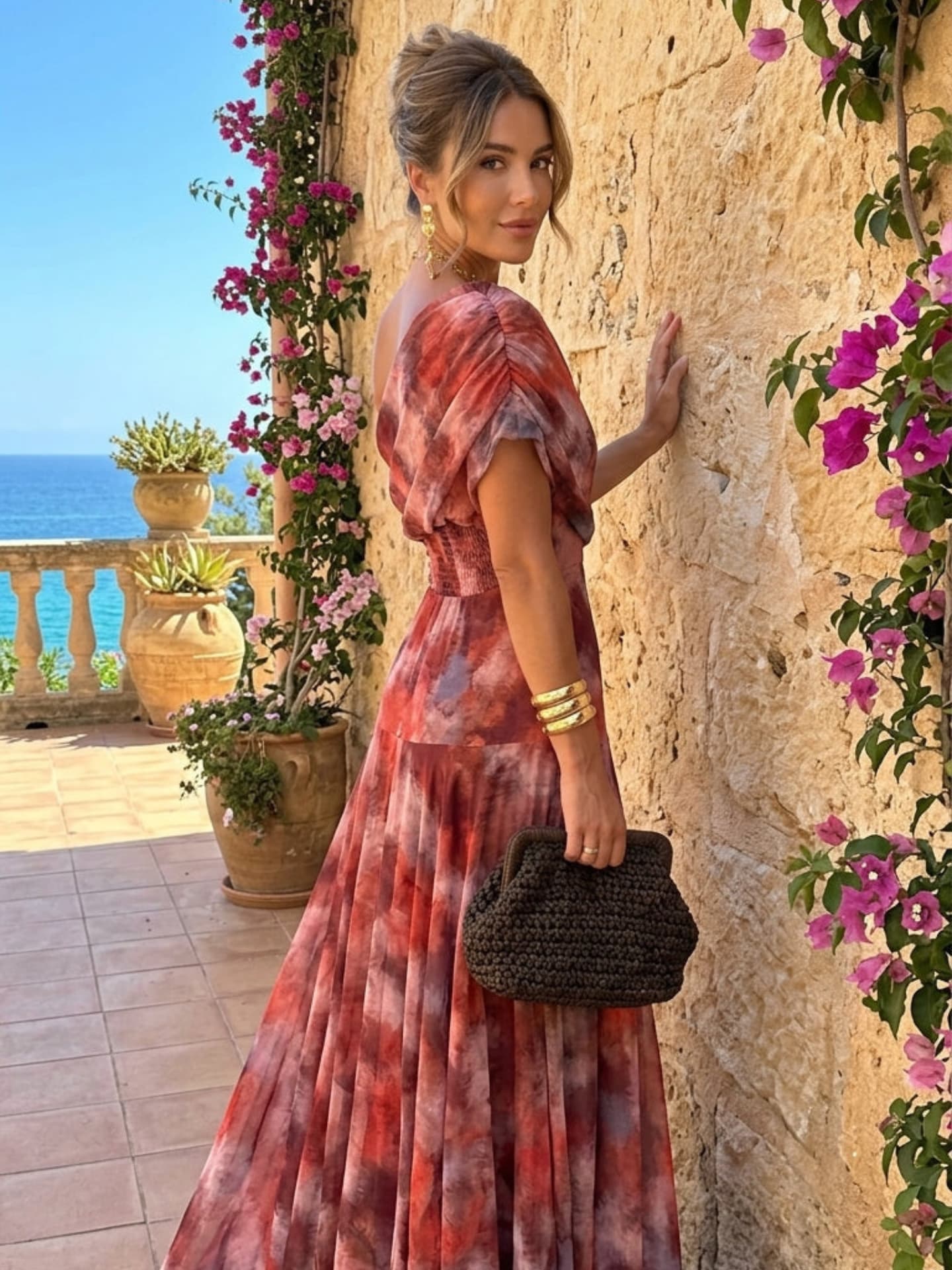 Valeria – Vestido Largo con Hombro Caído y Estampado Acuarela