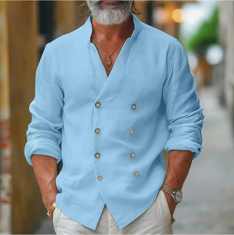Renato - Camisa de Lino con Doble Botonadura y Cuello Mao