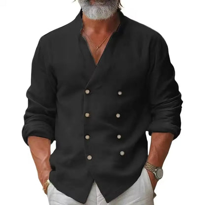 Renato - Camisa de Lino con Doble Botonadura y Cuello Mao