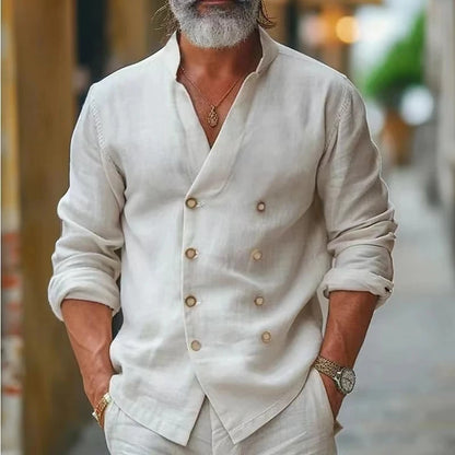 Renato - Camisa de Lino con Doble Botonadura y Cuello Mao