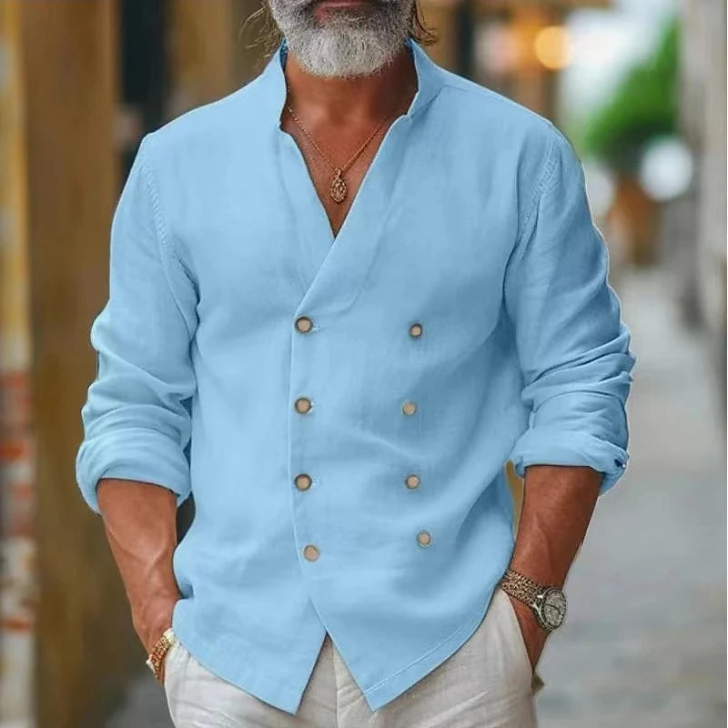 Renato - Camisa de Lino con Doble Botonadura y Cuello Mao