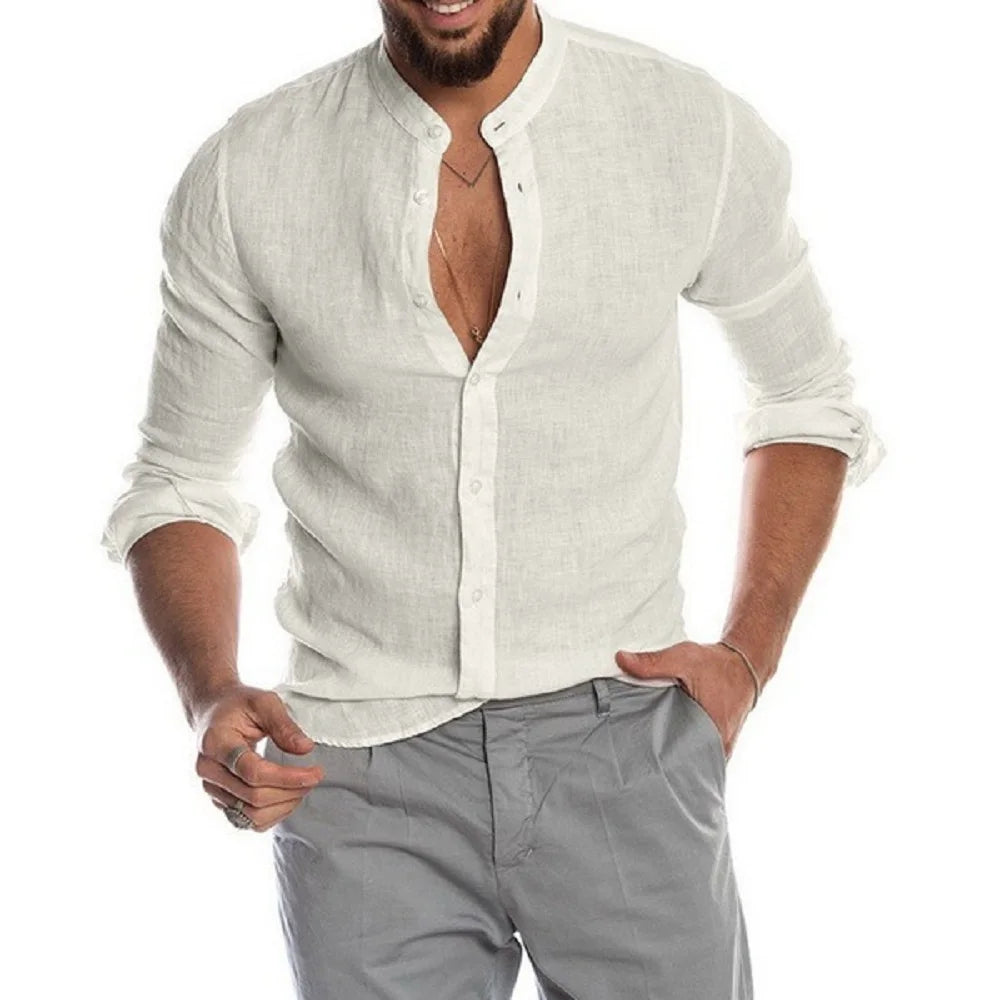 Mateo - Camisa de Lino Manga Larga con Cuello Mao