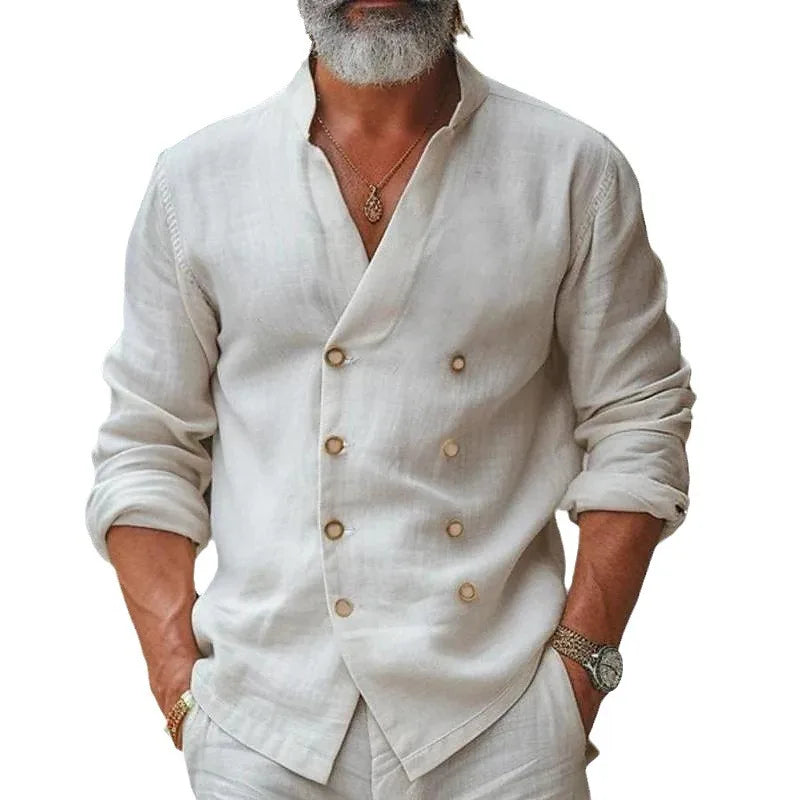 Renato - Camisa de Lino con Doble Botonadura y Cuello Mao