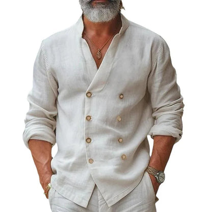 Renato - Camisa de Lino con Doble Botonadura y Cuello Mao