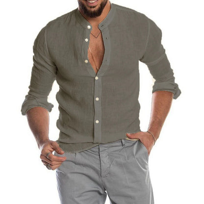 Mateo - Camisa de Lino Manga Larga con Cuello Mao