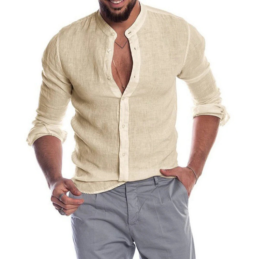 Mateo - Camisa de Lino Manga Larga con Cuello Mao