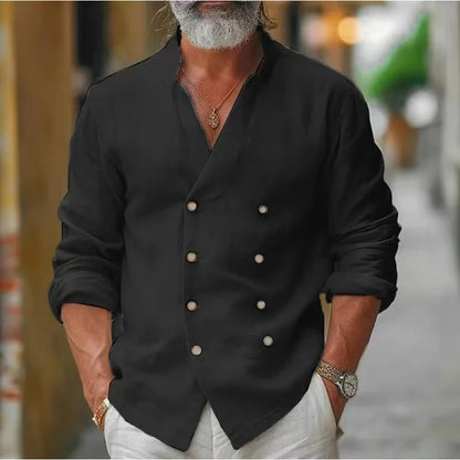 Renato - Camisa de Lino con Doble Botonadura y Cuello Mao