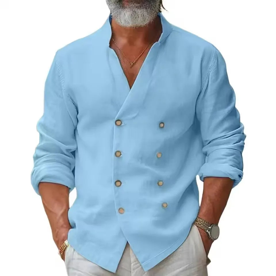 Renato - Camisa de Lino con Doble Botonadura y Cuello Mao