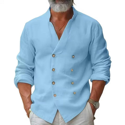 Renato - Camisa de Lino con Doble Botonadura y Cuello Mao