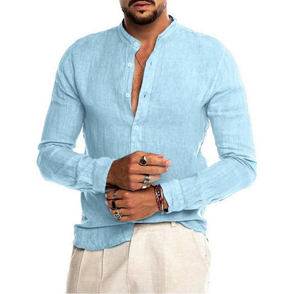 Mateo - Camisa de Lino Manga Larga con Cuello Mao