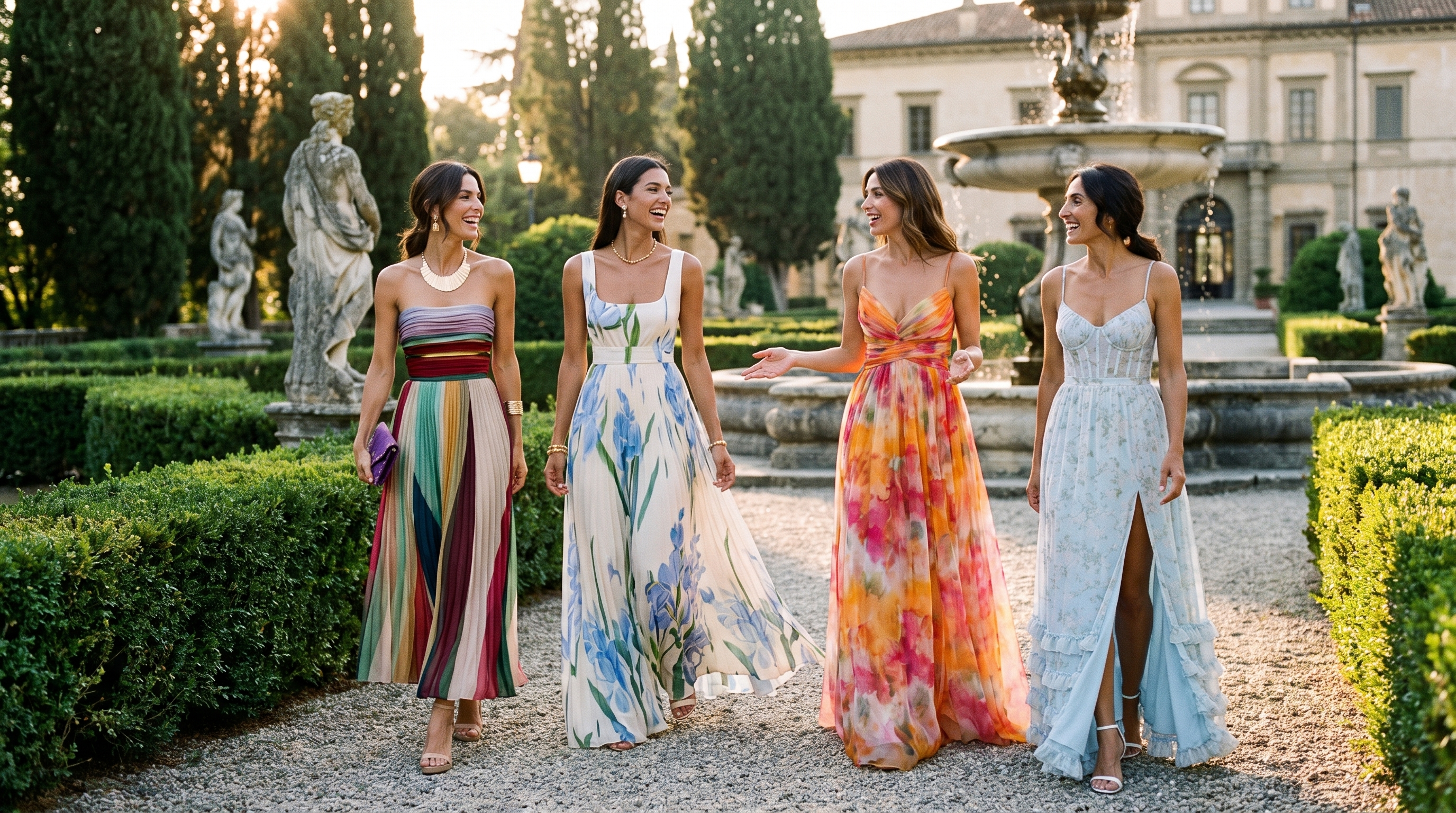 Cuatro mujeres con vestidos de verano coloridos paseando por un jardín de villa italiana