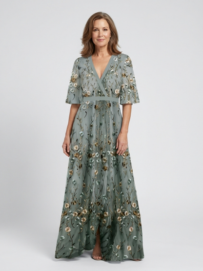 Micaela - Vestido Largo de Flores con Cuello en V