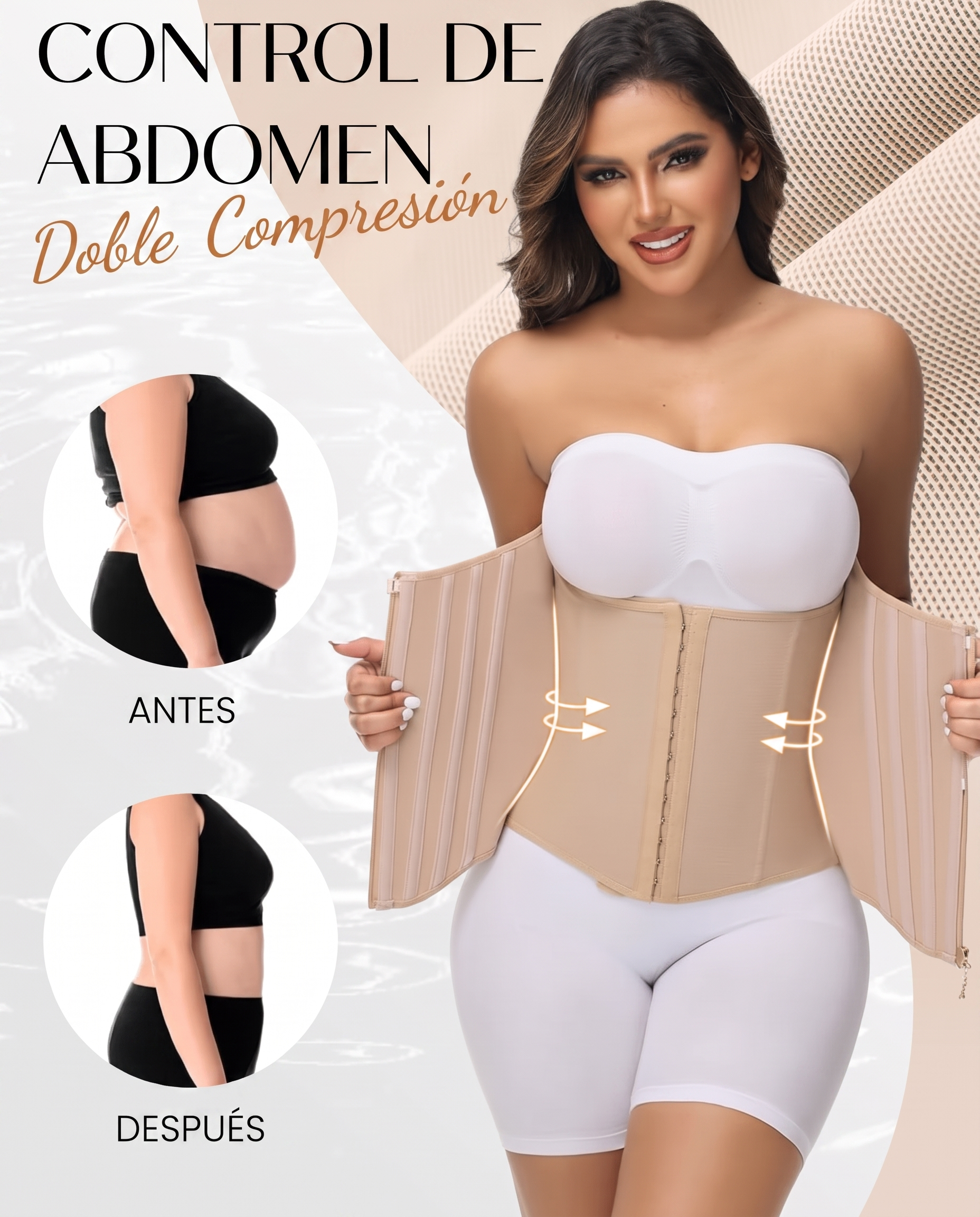 Faja moldeadora con control de abdomen y doble compresion, comparacion antes y despues