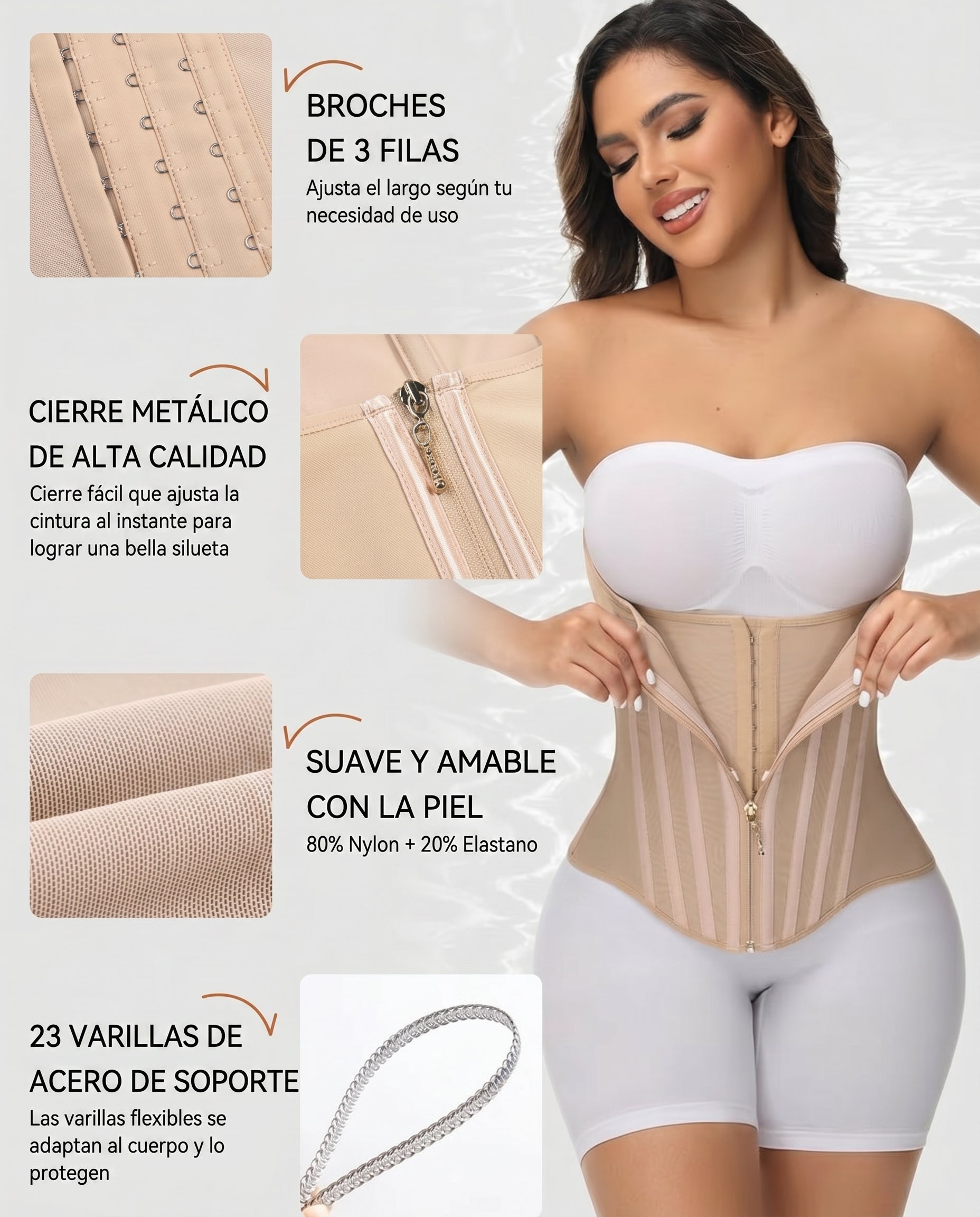Detalles de la faja: broches de 3 filas, cierre metalico, tela suave y varillas de acero