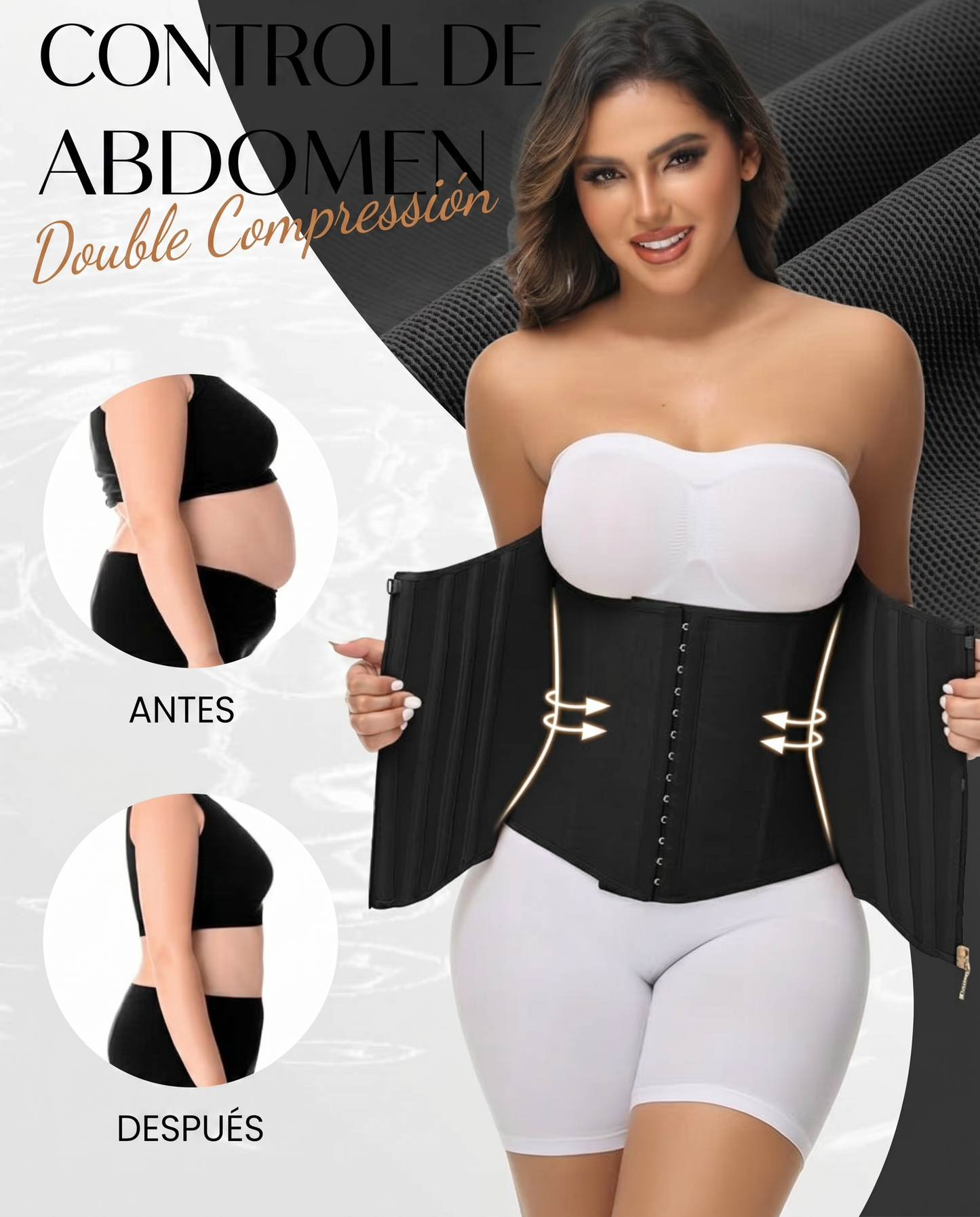 Faja moldeadora negra con control de abdomen y doble compresion, antes y despues