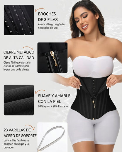 Detalles de la faja negra: broches de 3 filas, cierre metalico y varillas de acero