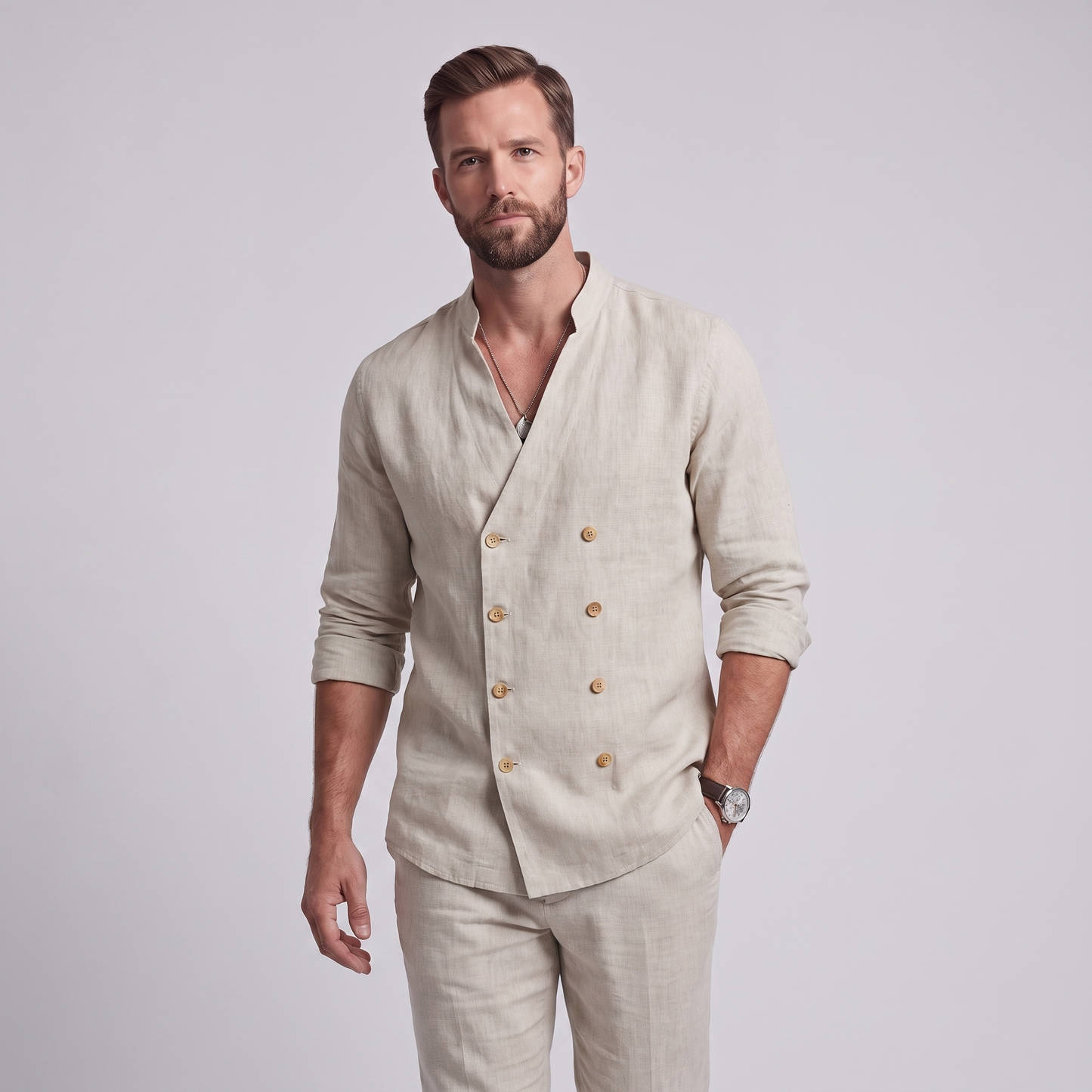 RENATO - CAMISA DE LINO CON DOBLE BOTONADURA Y CUELLO MAO