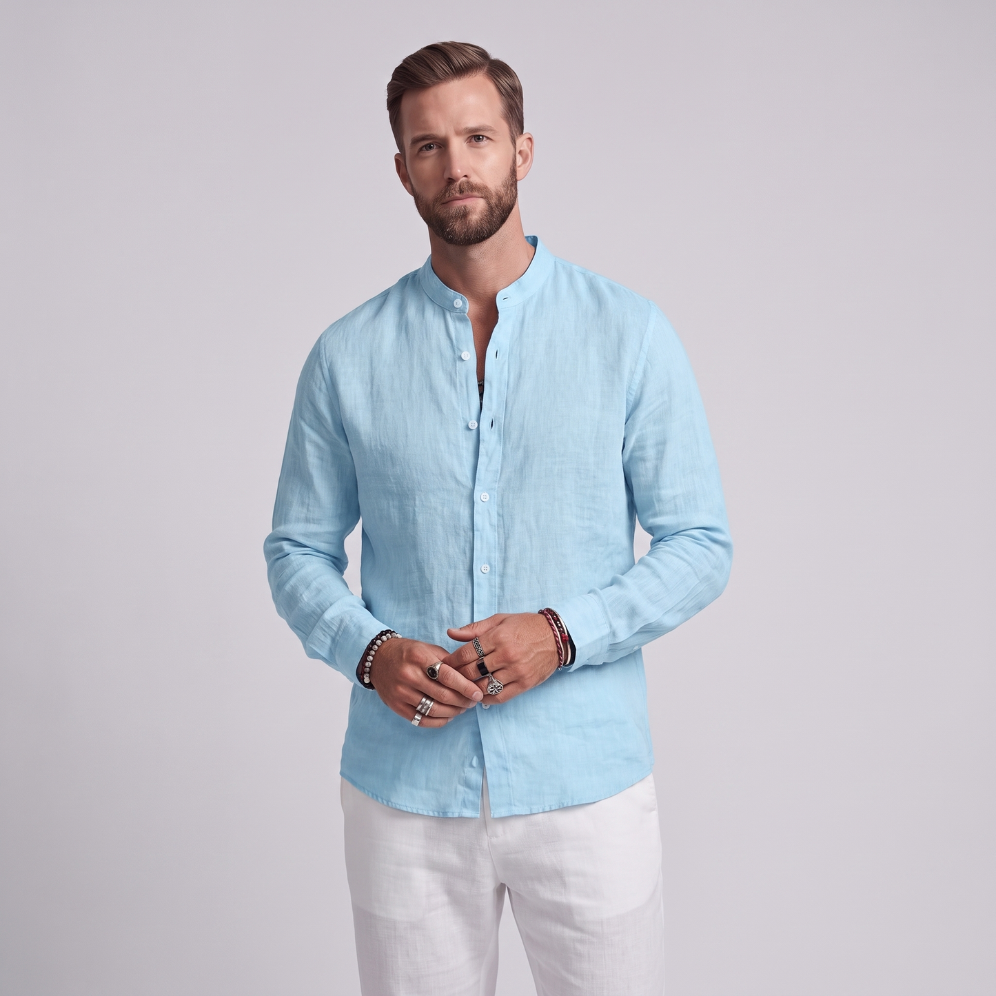 MATEO - CAMISA DE LINO MANGA LARGA CON CUELLO MAO