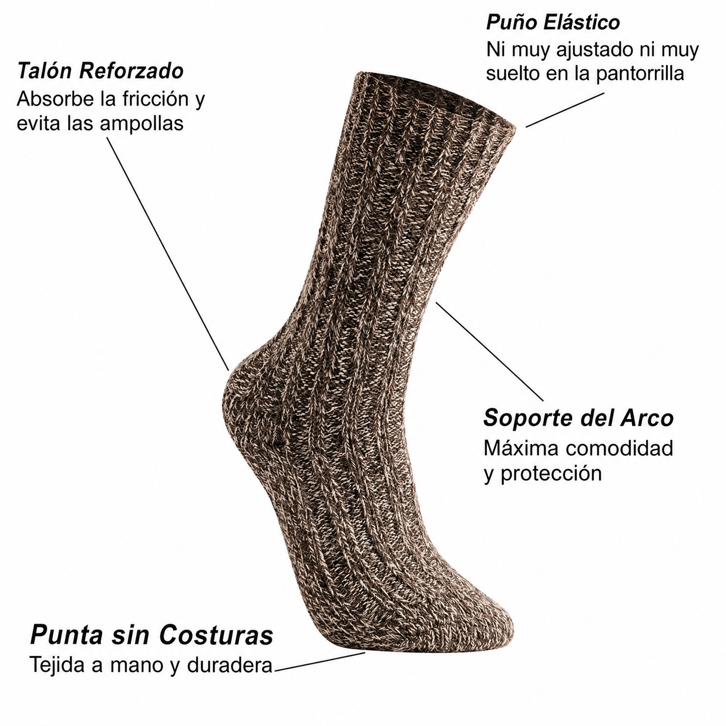 Características: talón reforzado, puño elástico, soporte del arco, punta sin costuras